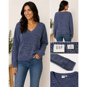 GAP Blue Marled Chenille V Neck Sweater M Soft
